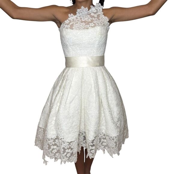 Legends by Romona Keveza 100% Silk Lace Overlay Strapless Wedding Gown Short Kne - Picture 5 of 16